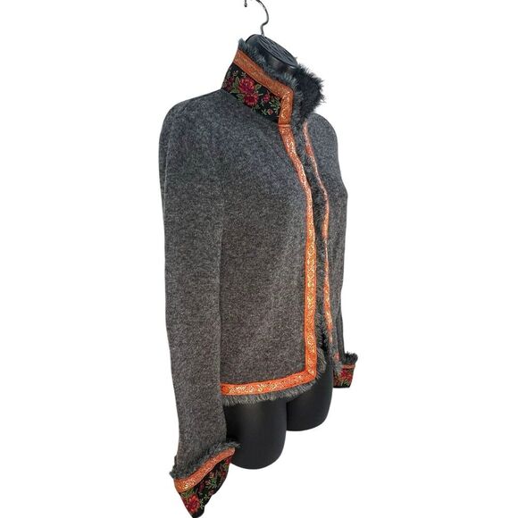 Free People Wool Fair Isle Ribbon Trim Collared‎  Cardigan Grey S/P - Picture 4 of 6